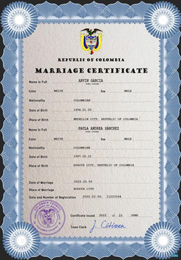 Download Colombia marriage certificate psd Photoshop template